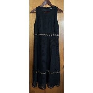 Gianni Bini Black Eyelet Midi Dress Gold Grommet Minimalist Chic Modern SZ 10